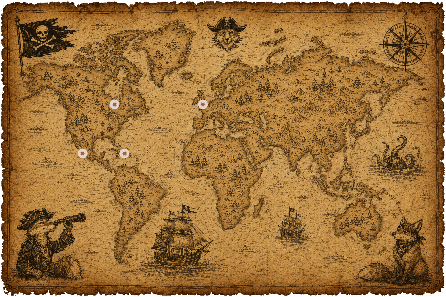 Pirate and Fox studio map with nodes in Haslemere, Aguada, San Juan, Puerto Vallarta, and Chicago